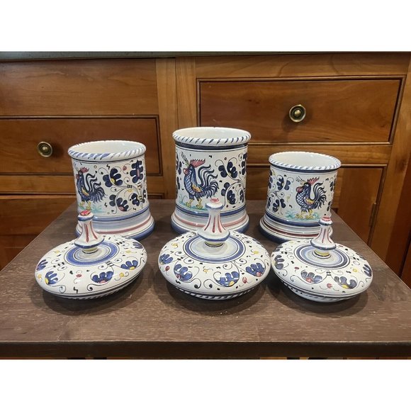Deruta Orvieto Blue Rooster Canister Set Of 3 Hand painted Pottery W/Lids READ - Picture 8 of 14